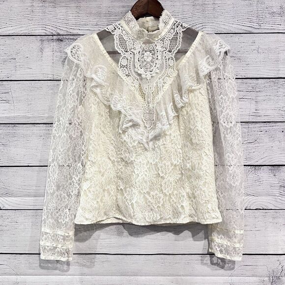 Gunnies Gunne Sax Jessica McClintock Cream Lace Ruffle Blouse Top Size Small - Picture 1 of 14